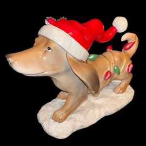 Dachshund Dog Figurine with Santa Hat and Lights Decor NEW